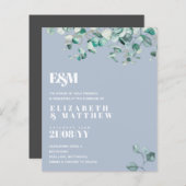 Dusty Blue Greenery Leafy Budget Wedding Invite (Voorkant / Achterkant)