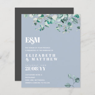Dusty Blue Greenery Leafy Budget Wedding Invite