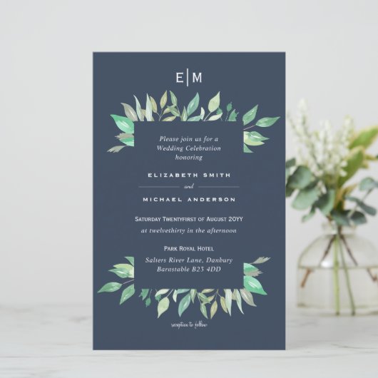 Dusty Blue Greenery Leafy Budget Wedding Invite A9 (Staand voorkant)