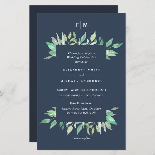 Dusty Blue Greenery Leafy Budget Wedding Invite A9 (Voorkant / Achterkant)
