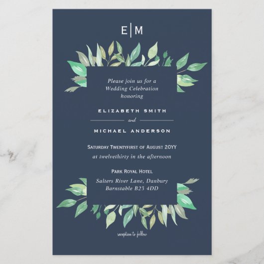 Dusty Blue Greenery Leafy Budget Wedding Invite A9 (Voorkant)