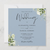 Dusty Blue Greenery Leaves Monogram Square Weddens Kaart (Voorkant)