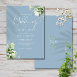 Dusty Blue Greenery Leaves Monogram Wedding Kaart<br><div class="desc">Deze elegante botanische groenery verlaat de trouwuitnodiging kan gepersonaliseerd worden met je informatie in de chemische typografie met je monogram initialen aan de achterkant. Ontworpen door: Thisnotme©</div>