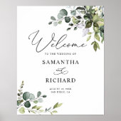 Dusty Blue Greenery Leaves Wedding Welcome Sign Poster (Voorkant)