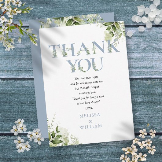 Dusty Blue Greenery Letter Baby shower Gedicht Bedankkaart