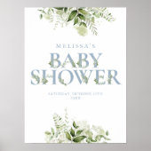 Dusty Blue Greenery Letter Baby shower Sign Poster (Voorkant)