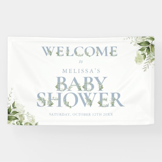 Dusty Blue Greenery Letter Baby shower Welkom Spandoek (Horizontaal)