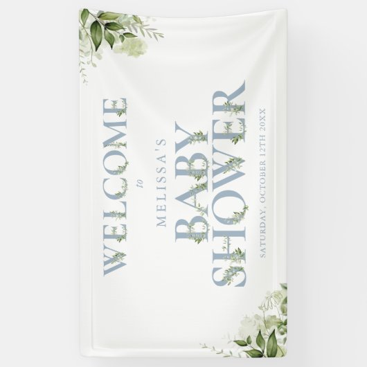 Dusty Blue Greenery Letter Baby shower Welkom Spandoek (Verticaal)