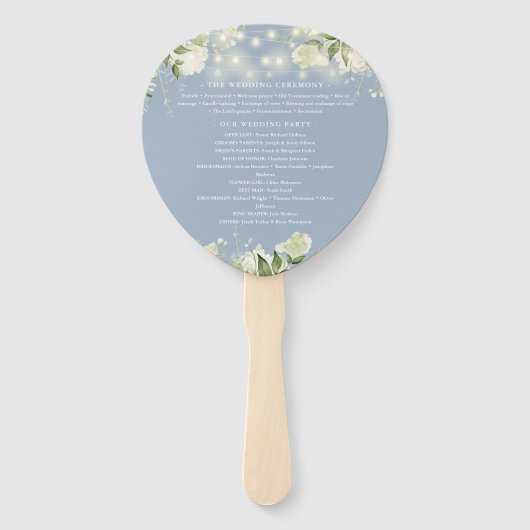 Dusty Blue Greenery Lights Huwelijksprogramma Hart Handwaaier (Achterkant)