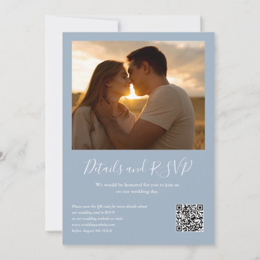 Dusty Blue Greenery Lights QR Code Fotobruiloft Kaart (Achterkant)