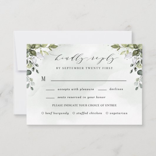 Dusty Blue Greenery met Meal Choice Boho Wedding RSVP Kaartje (Voorkant)