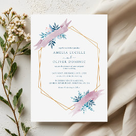 Dusty Blue Greenery Modern Gold Geometric Wedding Kaart