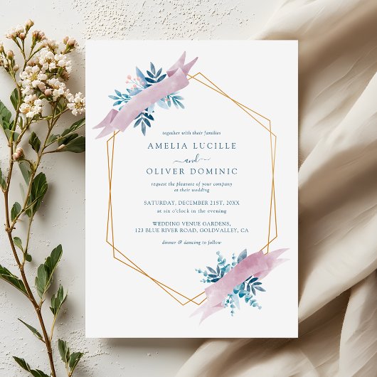 Dusty Blue Greenery Modern Gold Geometric Wedding Kaart