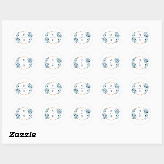 Dusty Blue Greenery Modern Monogram Wedding Ronde Sticker (Vel)