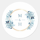 Dusty Blue Greenery Modern Monogram Wedding Ronde Sticker (Voorkant)