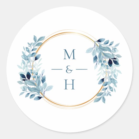 Dusty Blue Greenery Modern Monogram Wedding Ronde Sticker (Voorkant)