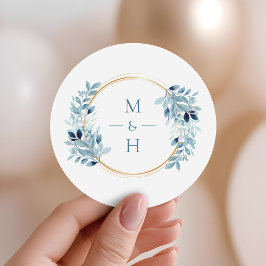Dusty Blue Greenery Modern Monogram Wedding Ronde Sticker