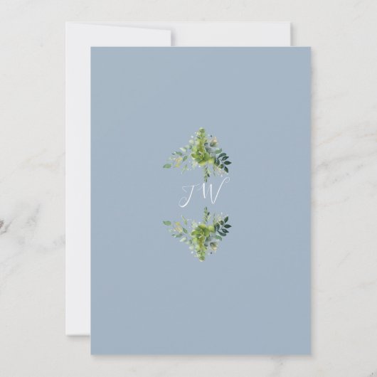 Dusty Blue Greenery Monogram Doop Doopsel Kaart (Achterkant)