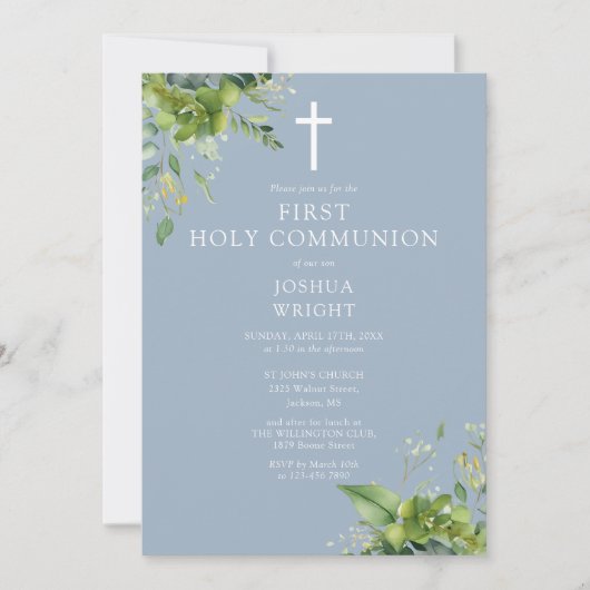 Dusty Blue Greenery Monogram Eerste Heilige Commun Kaart (Voorkant)