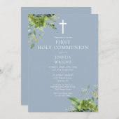 Dusty Blue Greenery Monogram Eerste Heilige Commun Kaart (Voorkant / Achterkant)