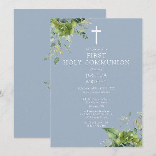 Dusty Blue Greenery Monogram Eerste Heilige Commun Kaart (Voorkant / Achterkant)