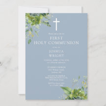 Dusty Blue Greenery Monogram Eerste Heilige Commun