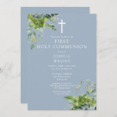 Dusty Blue Greenery Monogram Eerste Heilige Commun Save The Date (Voorkant / Achterkant)
