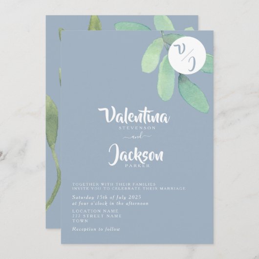 Dusty Blue Greenery Monogram Wedding Kaart (Voorkant / Achterkant)