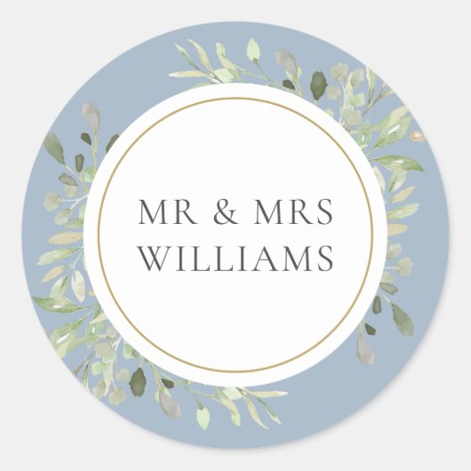 Dusty Blue Greenery MR & MRS Wedding Ronde Sticker (Voorkant)