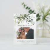 Dusty Blue Greenery Photo Wedding Save the Date Briefkaart (Staand voorkant)