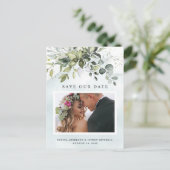 Dusty Blue Greenery Photo Wedding Save the Date Briefkaart (Staand voorkant)