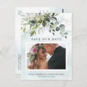 Dusty Blue Greenery Photo Wedding Save the Date Briefkaart (Voorkant / Achterkant)