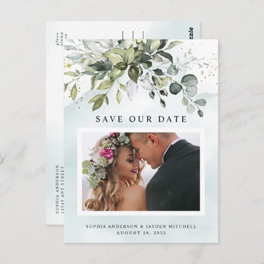 Dusty Blue Greenery Photo Wedding Save the Date Briefkaart (Voorkant / Achterkant)