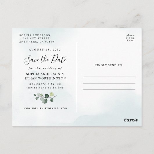 Dusty Blue Greenery Photo Wedding Save the Date Briefkaart (Achterkant)