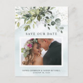 Dusty Blue Greenery Photo Wedding Save the Date Briefkaart (Voorkant)