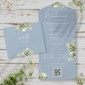 Dusty Blue Greenery QR Code Formal Wedding All In One Uitnodiging