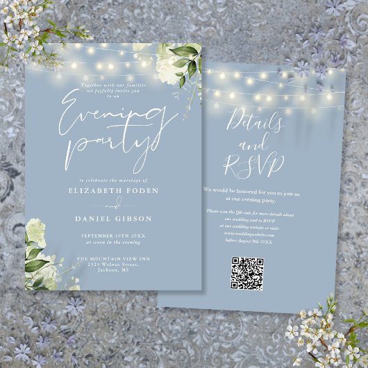 Dusty Blue Greenery QR Code Trouwavond Party Kaart
