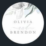 Dusty Blue Greenery Romantic Wedding Ronde Sticker<br><div class="desc">Grijze en zilveren stoffige blauwe trouwstickers</div>