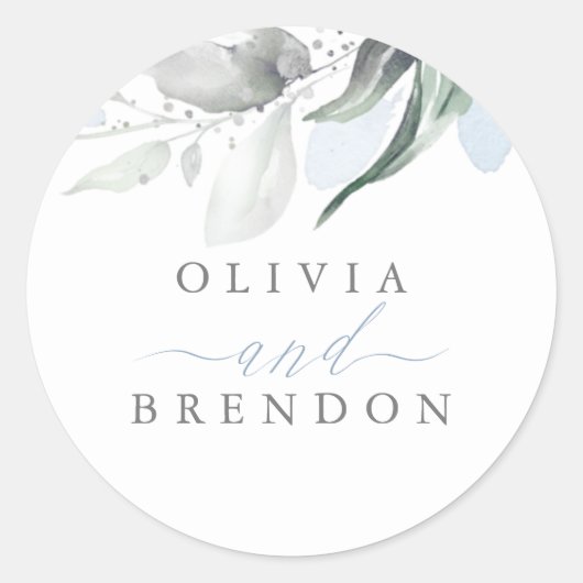 Dusty Blue Greenery Romantic Wedding Ronde Sticker (Voorkant)
