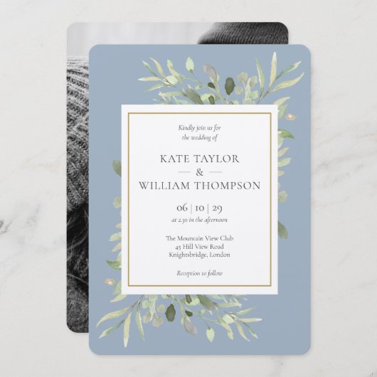 Dusty Blue Greenery Rustic Kraft Photo Wedding Kaart (Voorkant / Achterkant)