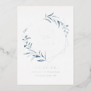 Dusty Blue Greenery Silver Geometric Save the date Folie Uitnodiging