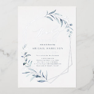 Dusty Blue Greenery Silver Rustic Baby shower Folie Uitnodiging