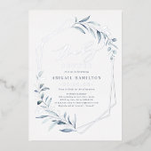 Dusty Blue Greenery Silver Rustic Baby shower Folie Uitnodiging (Voorkant)