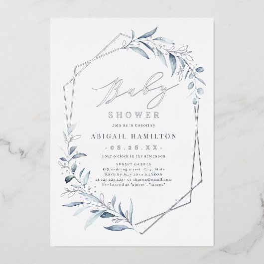 Dusty Blue Greenery Silver Rustic Baby shower Folie Uitnodiging (Voorkant)