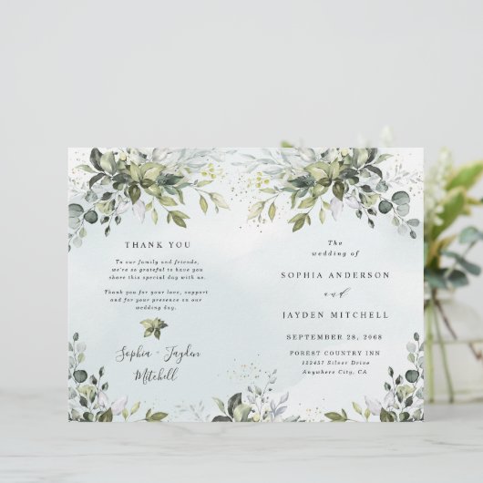 Dusty Blue Greenery Thémded Wedding Programs (Staand voorkant)