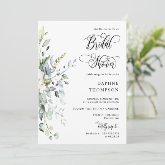 Dusty Blue Greenery Vrijgezellenfeest QR Code Foto Kaart (Staand voorkant)