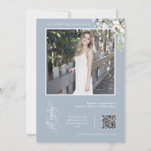 Dusty Blue Greenery Vrijgezellenfeest QR Code Foto Kaart (Achterkant)