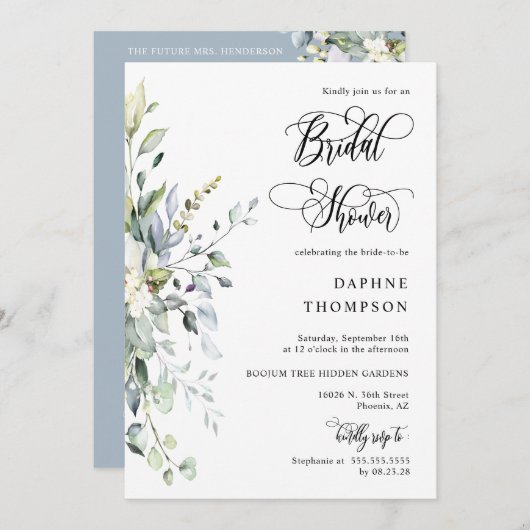 Dusty Blue Greenery Vrijgezellenfeest QR Code Foto Kaart (Voorkant / Achterkant)