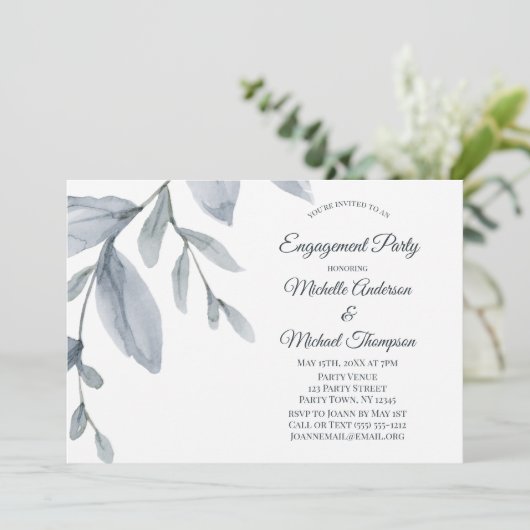 Dusty Blue Greenery Waterverf Engagement Party Kaart (Staand voorkant)