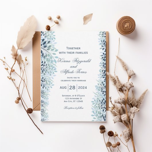 Dusty Blue Greenery Wedding Invitation  Kaart